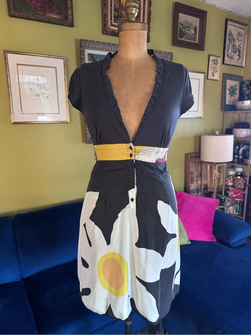 Free People Black Mini Dress with Yellow & White Floral Print